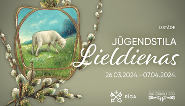 Plakāts Lieldienu pasākumiem Jūgendstila muzejā ar pūpoliem un jēriņu ganībās