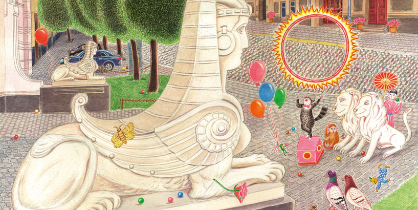 Ilustrācija no grāmatas “Sfinksas Albertas smaids”, kuras priekšplānā ir Alberta nama sfinksas, kas noraugās uz ielas sanākušiem - jumta varenām lauvām, kaķi, trauslo vardīti, baložiem, kas vēlas palīdzēt atgūt sfinksai smaidu