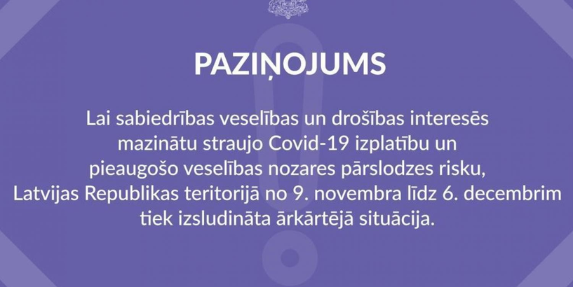 Covid-19 izplatības mazināšanai no 9. novembra valstī izsludināta ārkārtējā situācija; noteikti jauni ierobežojumi