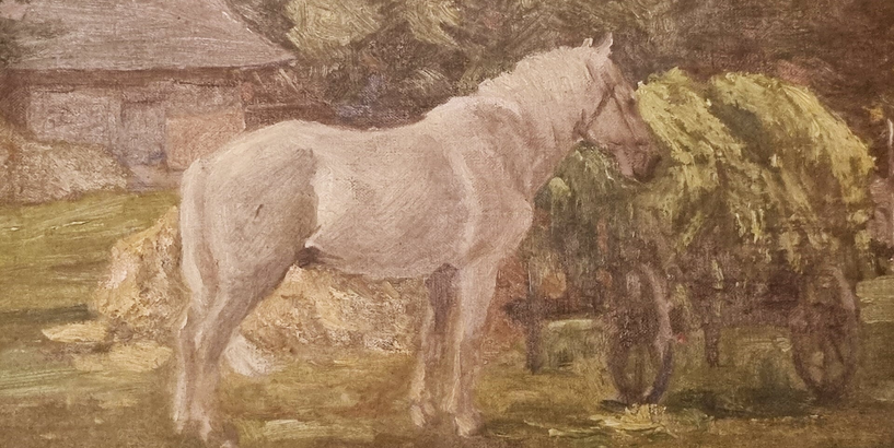 Gleznā attēlots zirgs pie ar svaigi pļautu zāli piekrāmētiem ratiem