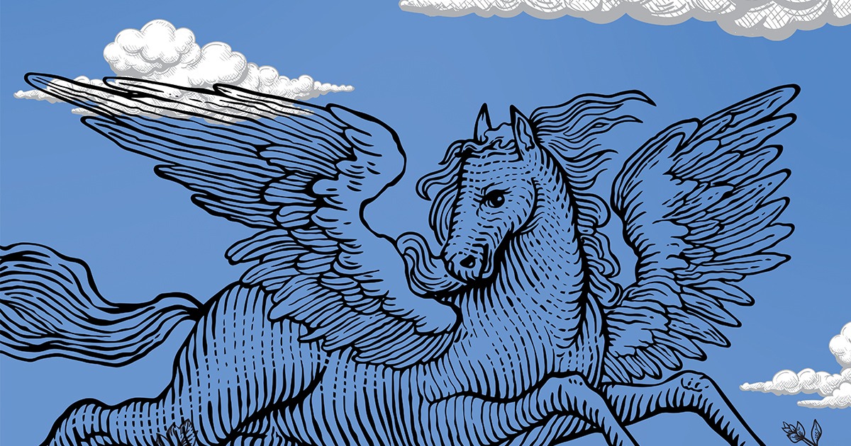 Vides objekta skice ar lidojošu zirgu un mākoņiem