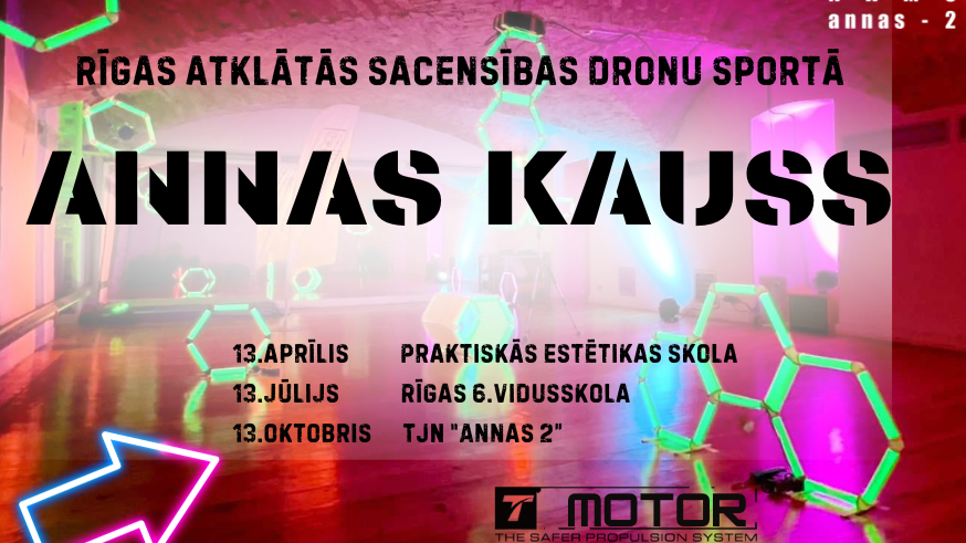 Afiša dronu sacensībām ar luminiscējošām šķēršļu kontūrām
