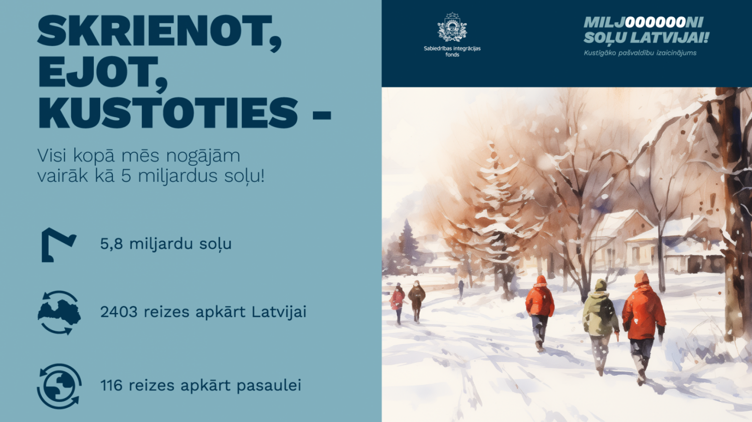 Akcijas plakātā cilvēku stāvi, kas soļo pa aizsnigušu ceļu ziemā